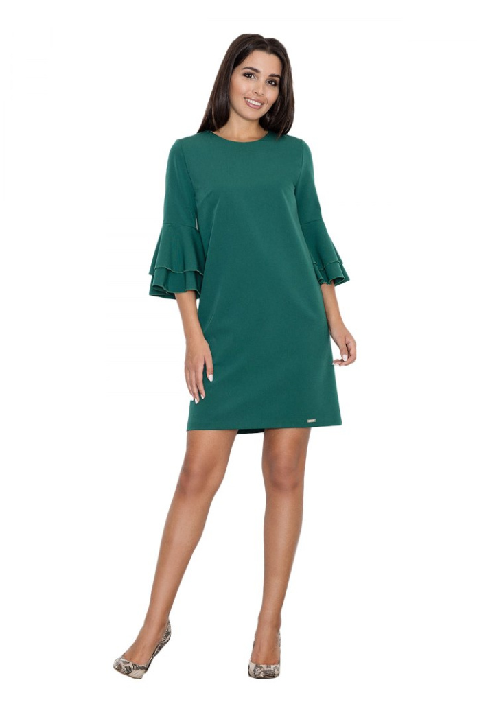 Sukienka Mini - Trapezowa Luźna Z Falbaną - zielona
